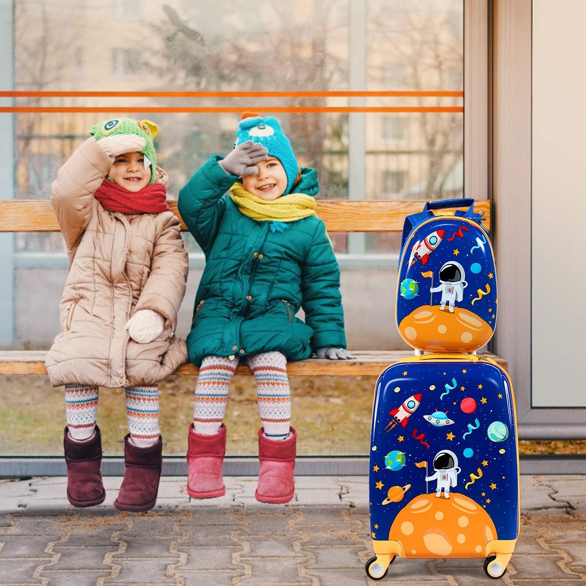 HONEY JOY Kids Luggage, 12" Toddler Backpack & 18" Travel Suitcase with Wheels, Lightweight Toddler Suitcase, Durable ABS Hardshell, 2Pcs Carry On Luggage Set for Boys Girls, Blue Astronaut