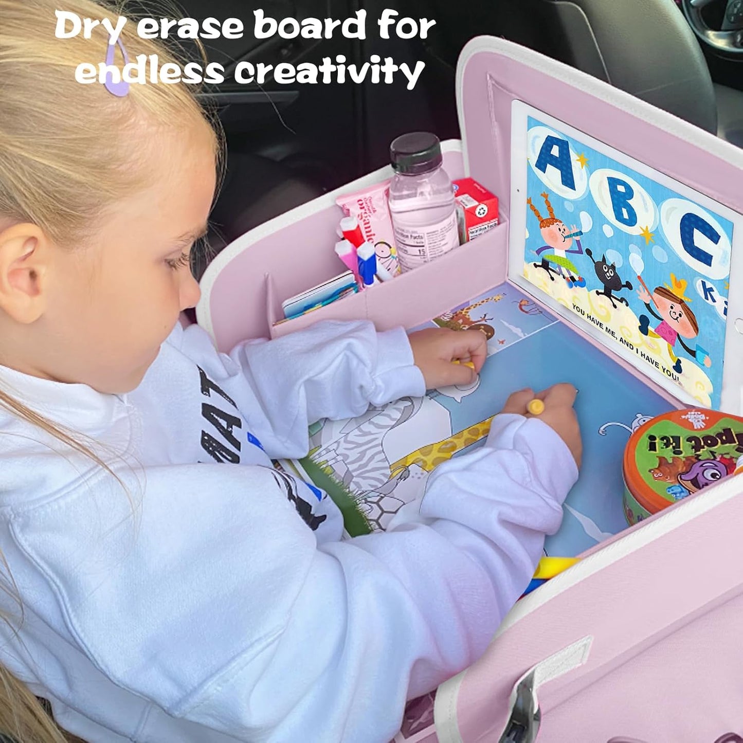 MENZOKE Kids Travel Tray, Car Seat Tray for Long Road Trips & Airplane Rides, with Cooler Cup Holder, Educational Dry Erase Board & Tablet Holder, Cute Unicorn Print, Light Purple