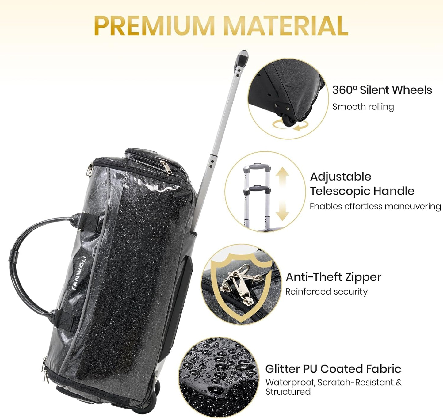 3-in-1 Rolling Garment Bags for Travel, Glitter Wheeled Carry-On Suit Luggage with Shoe Storage & Detachable Bag, Convertible Duffel Bag for Men Women Business Trips Weekender, Wrinkle-Free (Black)