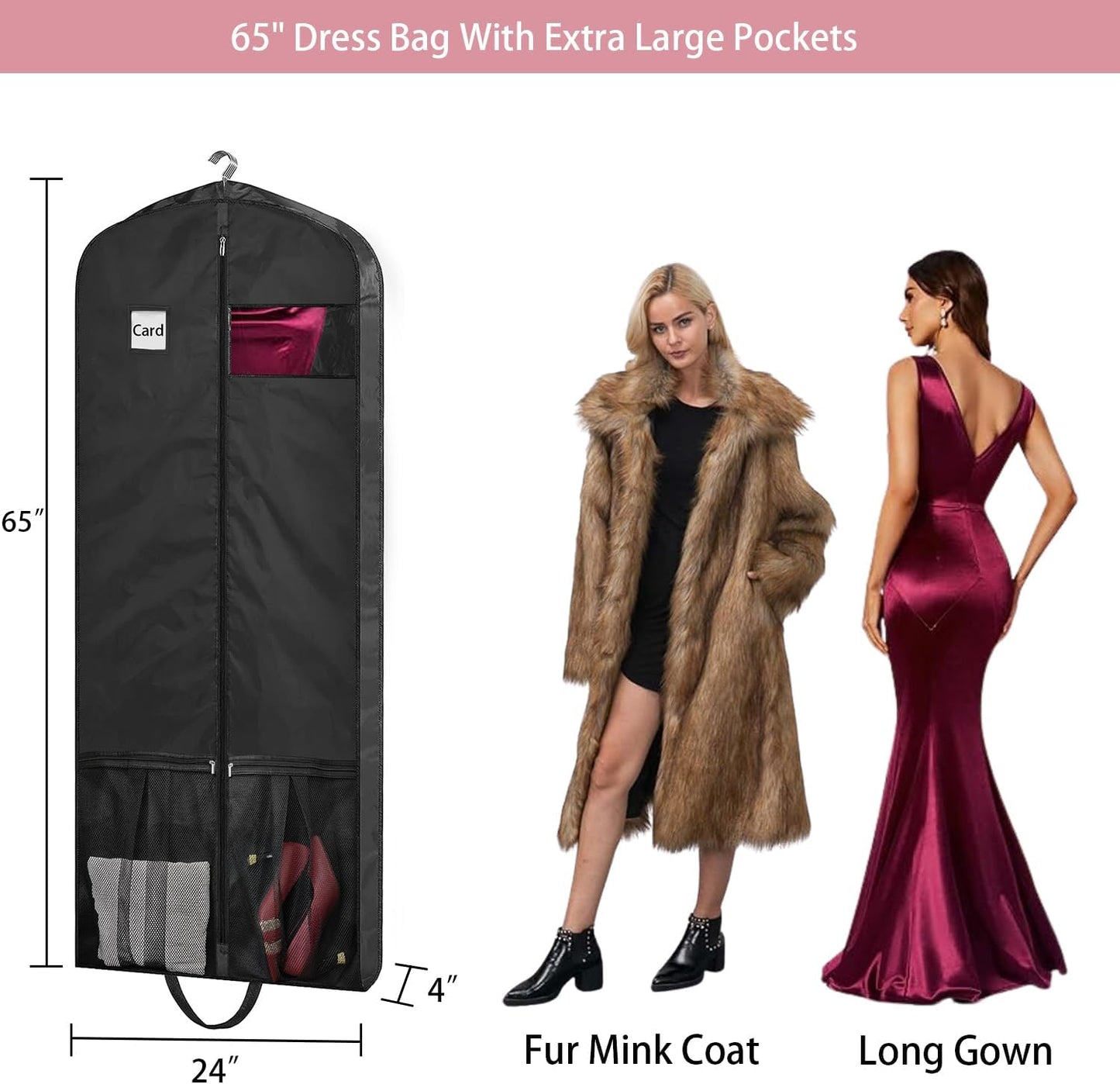 Dress Bags for Gowns Long, 65" Dress Garment Bags for Hanging Clothes, Dress Bags for Closet Storage and Traveling, Foldable Dress Cover
