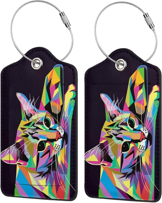 Cat Leather Luggage Tag with Stainless Steel Ring, Fun Name Id Card Cover Travel Bag Tag Set, Suitable for Travel Bag Luggage Women Men 4 PCS