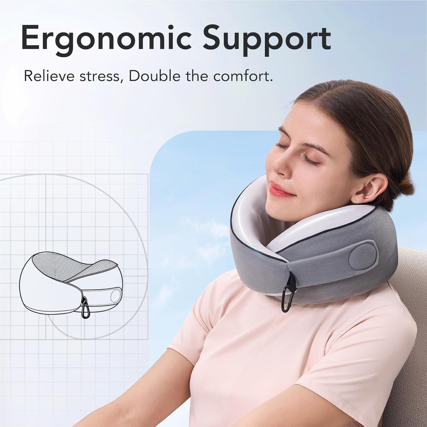 Travel Pillow, 100% Pure Memory Foam Travel Neck Pillow Airplane Neck Support Ergonomic Design for Traveling Suitable for Airplanes,Offices and Cars-Cooling Silk Light Grey Cover