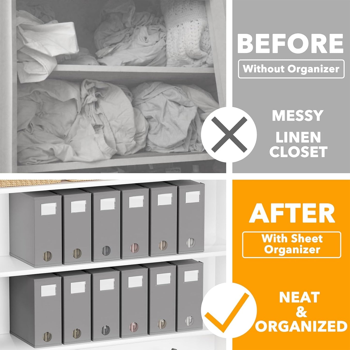 SpaceAid 12 Pack Bed Sheet Organizers and Storage, Foldable Sheet Organizer for Linen Closet, Sheets Set Folder Keeper with Window XL (Queen & King Size) Bedding Container (Gray, 12 Pack)