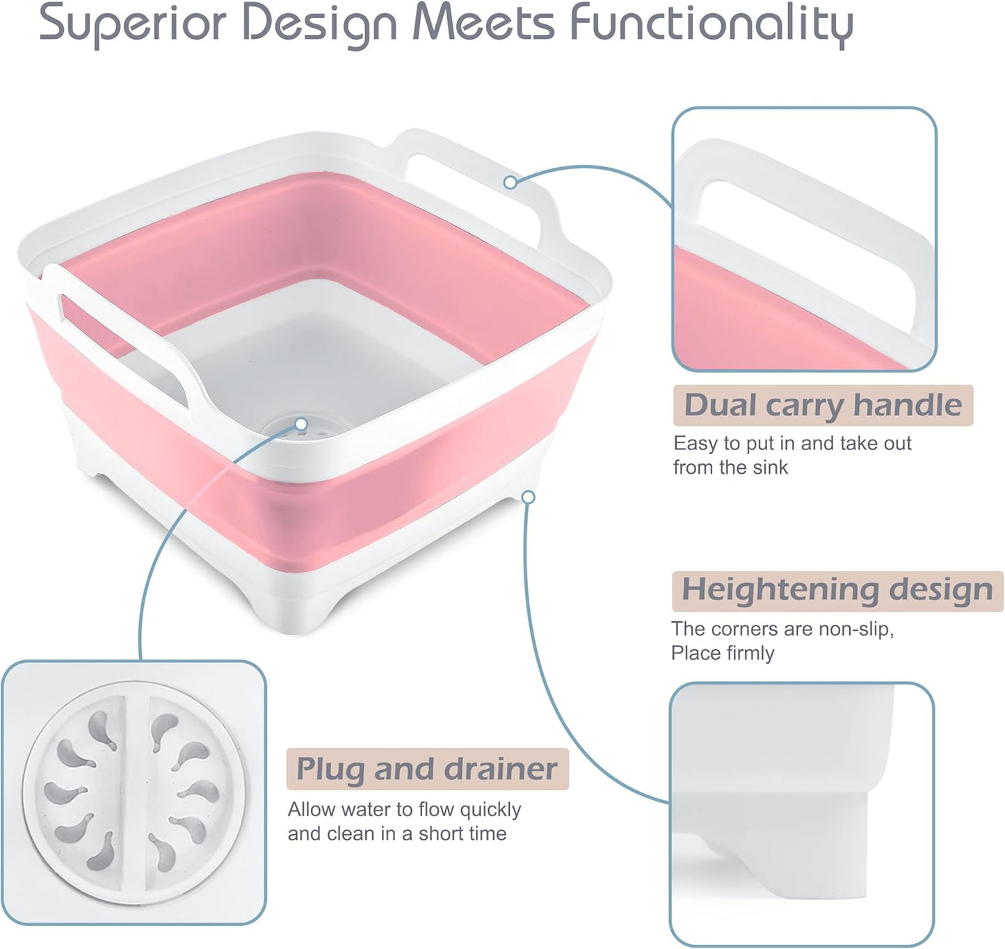 2.4 Gal(9L) Collapsible Dish Basin with Drain Plug - Multiuse Foldable Wash Basin for Baby Bottles, Space-Saving Multiuse Dish Tub, Kitchen Sink for Camping, Dishes Washing, RV (Pink)