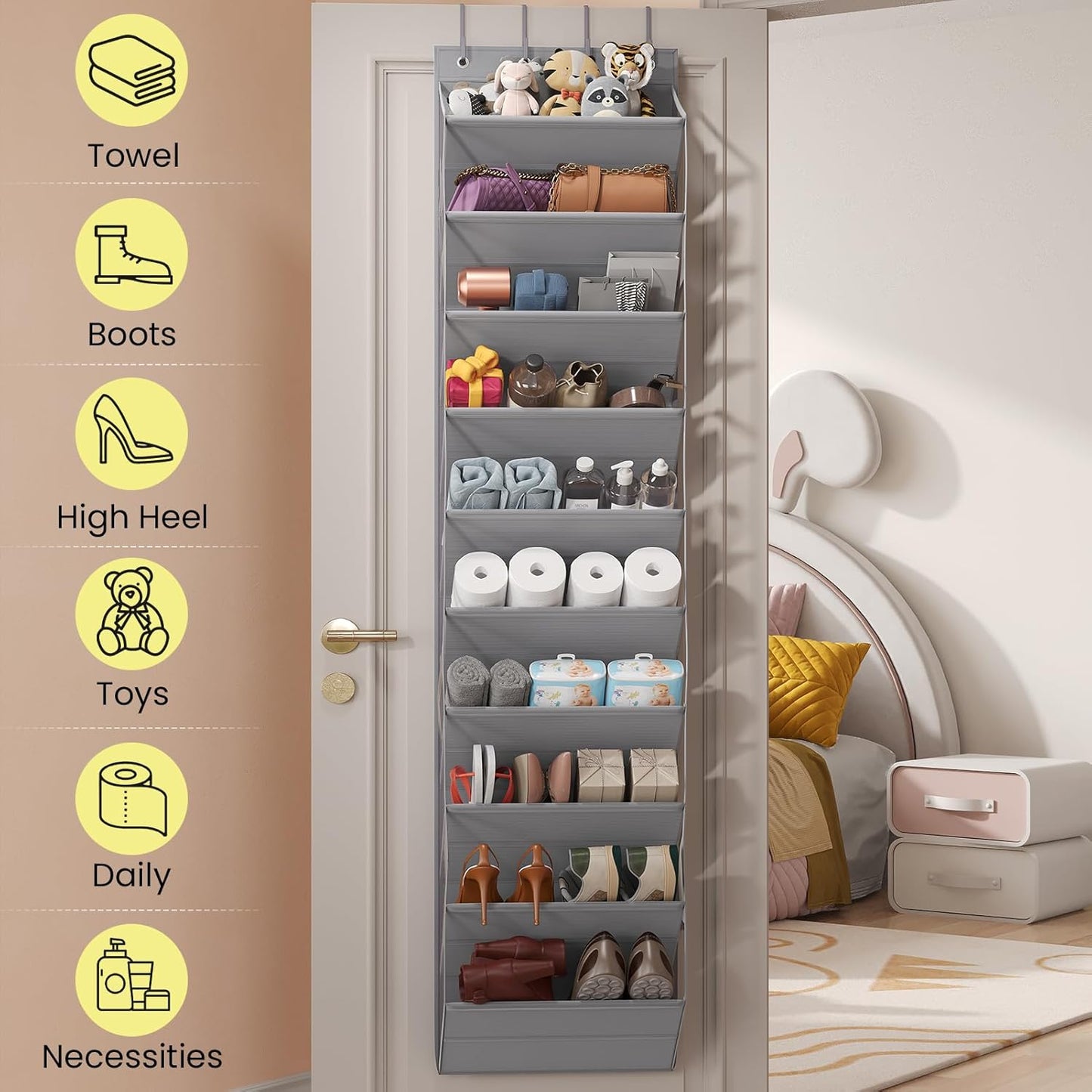 Over the Door Shoe Organizer for Closet, Shoes Rack with 10 Tier PVC Window Deep Pockets, Hanging Shoe Organizers for Boot Storage, Behind the Door Narrow Shoe Holder for Small Shoes, Grey