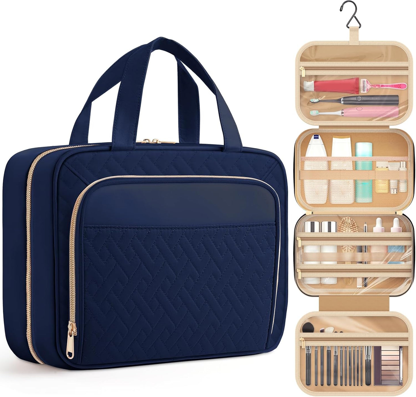 HOTOR Travel Toiletry Bag for Women & Men, Waterproof Makeup Bag with Hanging Hook and Multiple Pockets, Cosmetic Bags for Women, Travel Essentials, 11.2'' x 3.2'' x 8.9'', Dark Blue