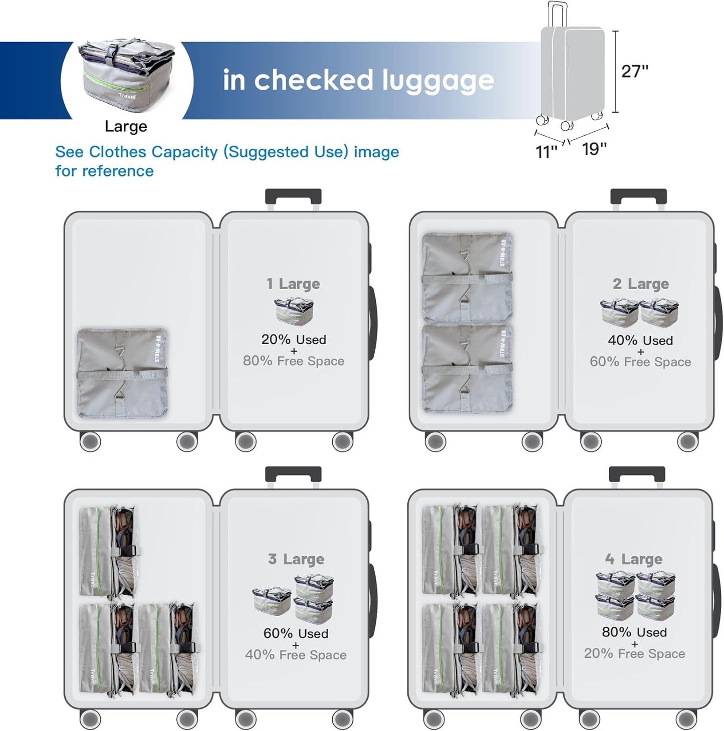 Grand Fusion Stow-N-Go Portable Hanging Travel Shelves, Packing Organizer for Luggage. Carry on Closet with Hanger for Clothes. Expandable Packing Cube. Travel Essentials, Light Gray - L