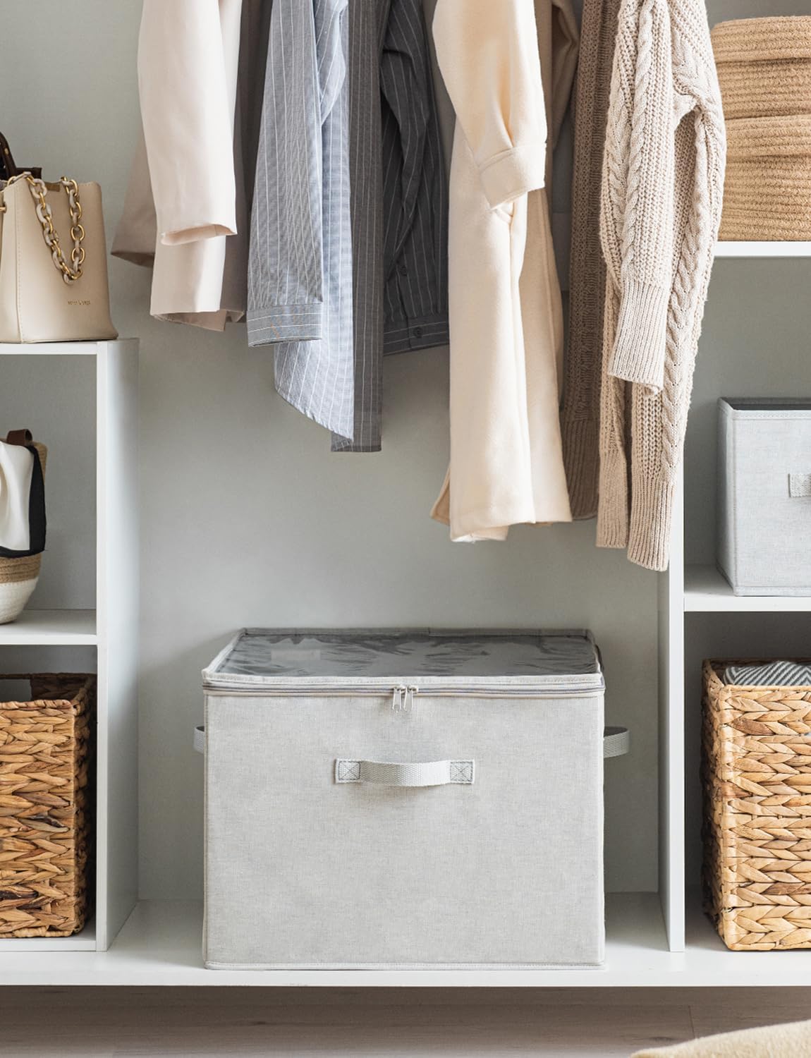 StorageWorks Shoe Organizer for Closet, Fits up to 16 Pairs, Shoe Cubby Storage Containers with Adjustable Dividers and Clear Cover, Grey