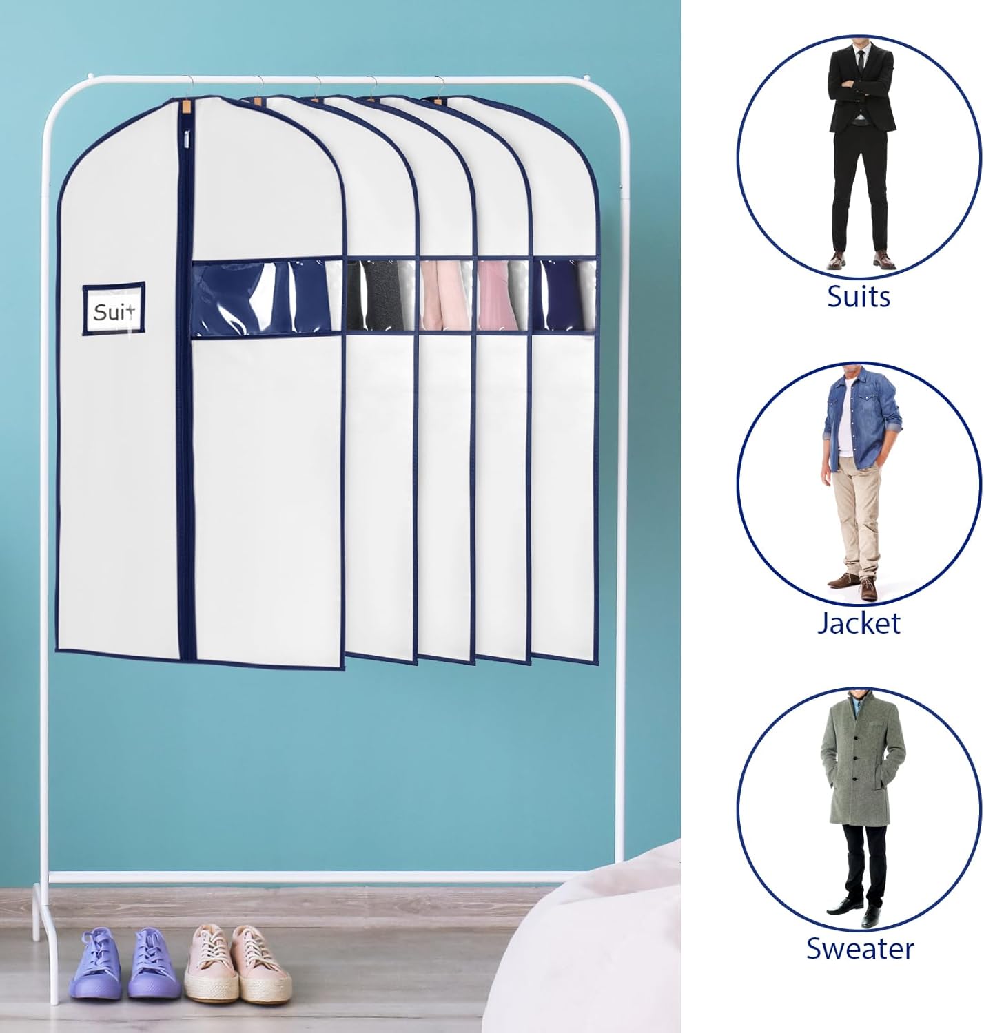 Syeeiex 40" Suit Bag(Set of 8), Garment Bags for Hanging Clothes, Suit Bags for Closet Storage, Garment Bags for Suits, T-shirts, Jackets, Coats, Business Wear(White & Dark Blue)