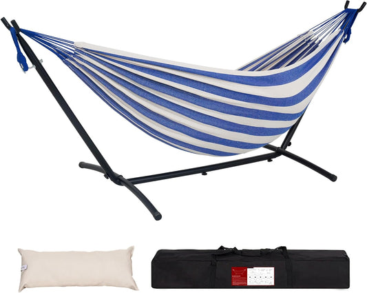 Lazy Daze Hammocks Double Hammock with 9 ft Space-Saving Steel Stand Includes Portable Carrying Case, 450 Pounds Capacity (Blue White)
