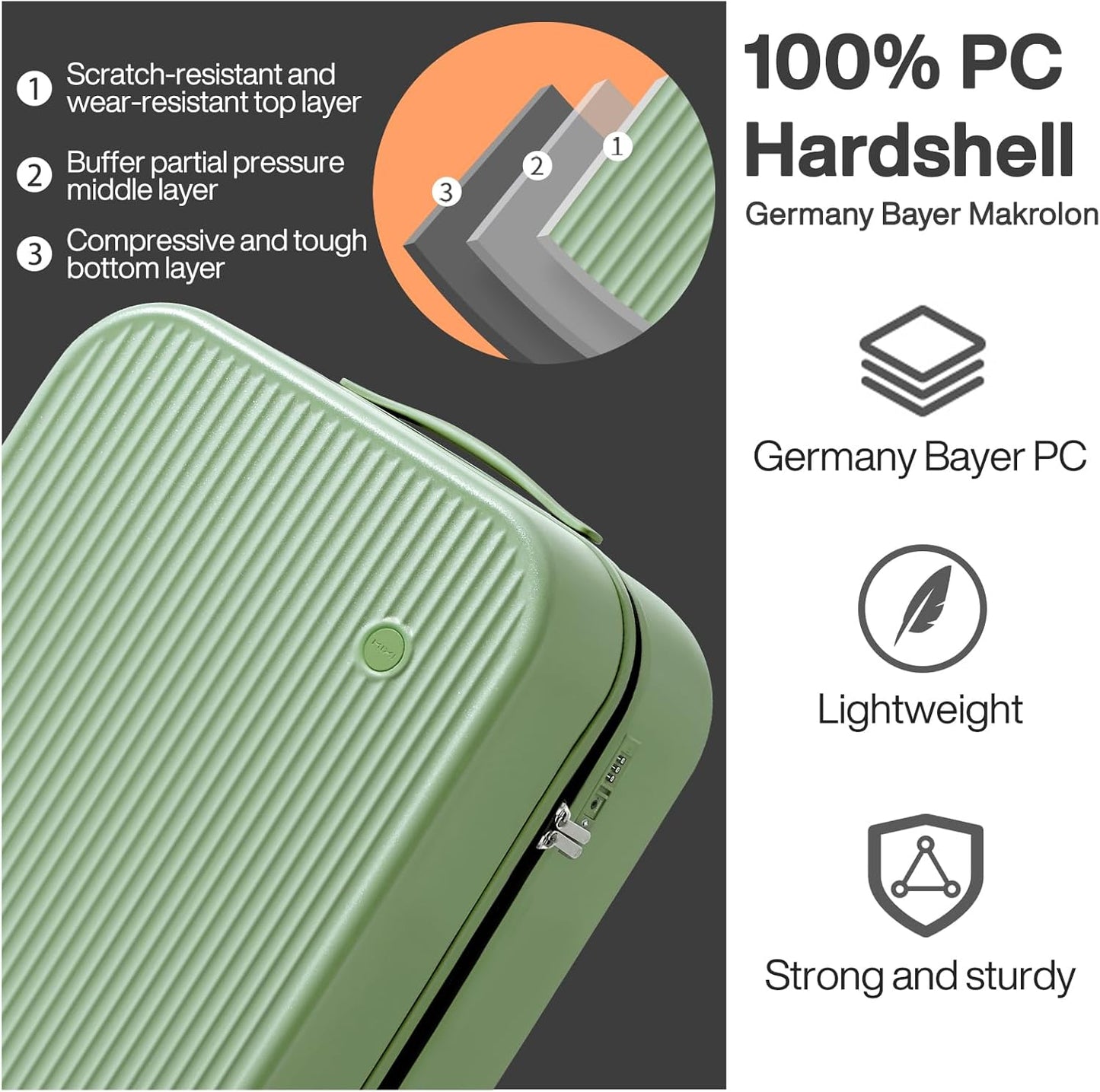 mixi 20 Inch Carry On Luggage PC Hardside Suitcases with Wheels & TSA for Travel Woman Men, Avocado Green