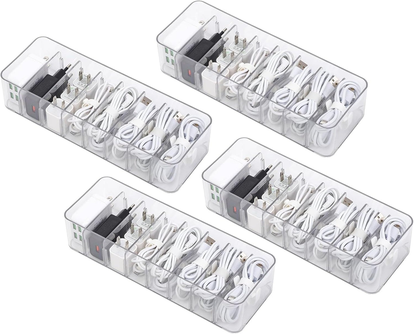Yesesion 4 Pack Cord Organizer Box with 40pcs Wire Ties, Plastic Charger Storage Case with Adjustable Dividers for Desk Drawer, Home Office Supplies, Stationery, Data Cable, USB, Battery Holder