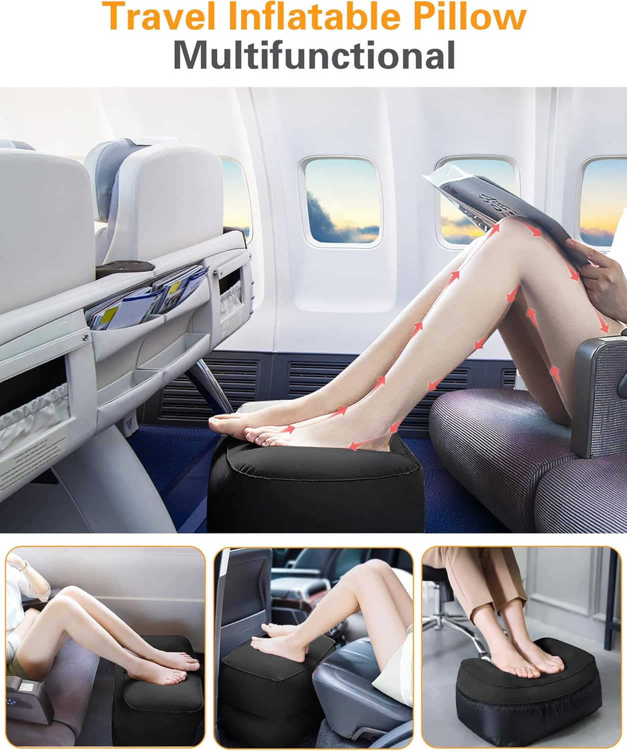 Sunany Inflatable Foot Rest Pillow , Adults Airplane Travel Pillow-Adjustable Height Cushions,for Kids to Sleep While Traveling,Suitable for Office, Home and Any Travel（Black）