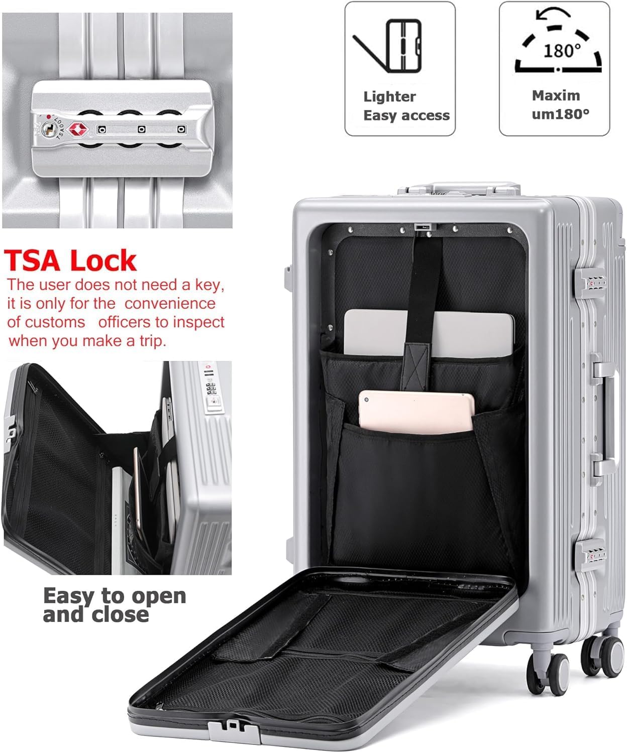 feilario 20" Aluminium Frame Hardside PC Carry on Luggage - Wide Handle Double Spinner Wheels Suitcase with TSA lock