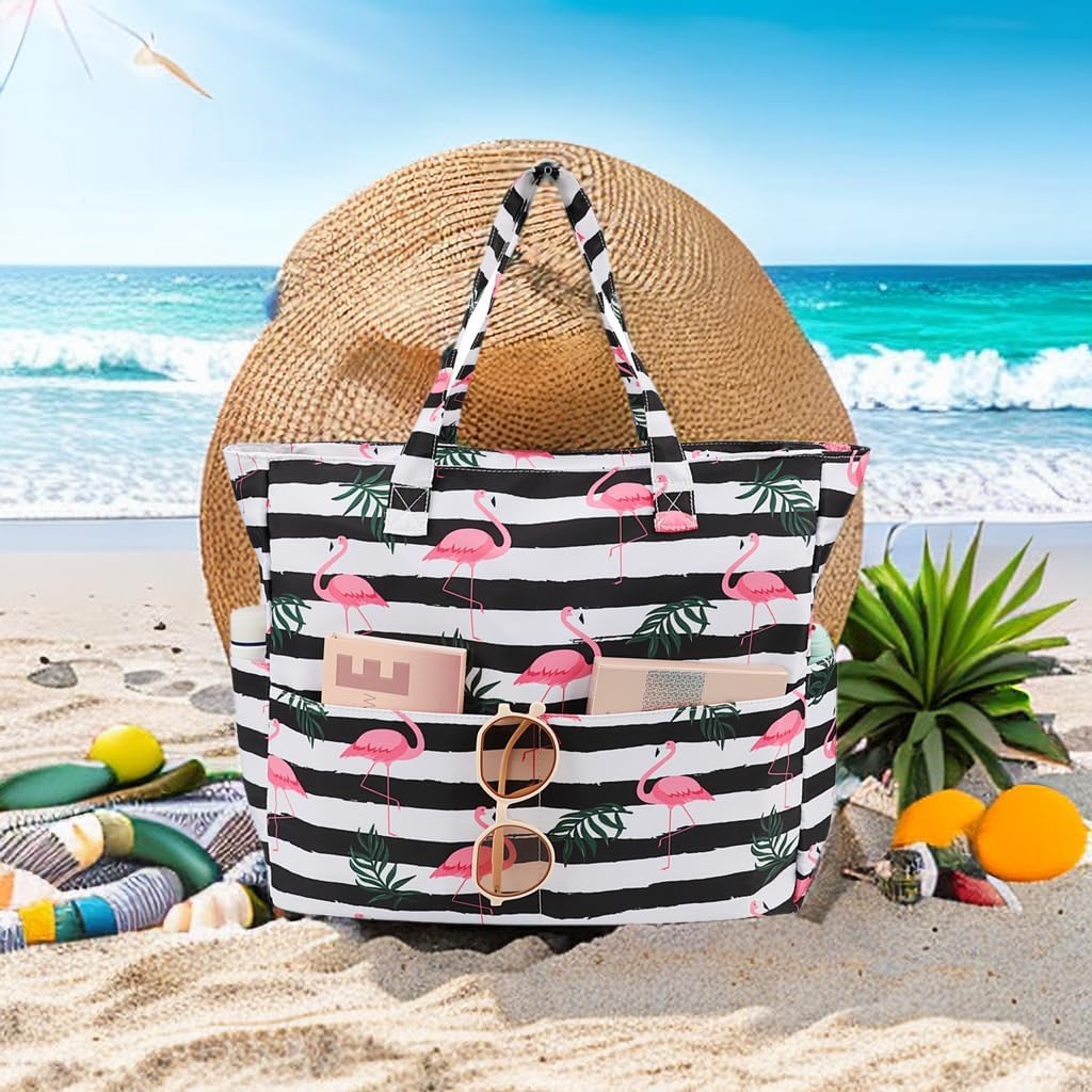 LEDAOU Large Beach Tote Bag Women Waterproof Sandproof Zipper Beach Tote Bag for Pool Gym Grocery Travel with Wet Pocket