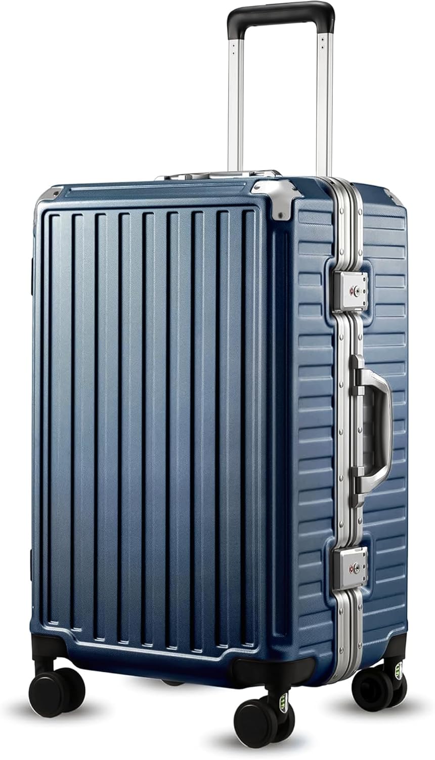 LUGGEX Checked Luggage with Spinner Wheels, 24 Inch Aluminum Frame Zipperless Polycarbonate Hard Shell Suitcase, Blue