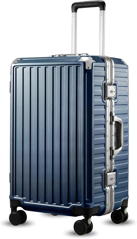 LUGGEX Checked Luggage with Spinner Wheels, 24 Inch Aluminum Frame Zipperless Polycarbonate Hard Shell Suitcase, Blue