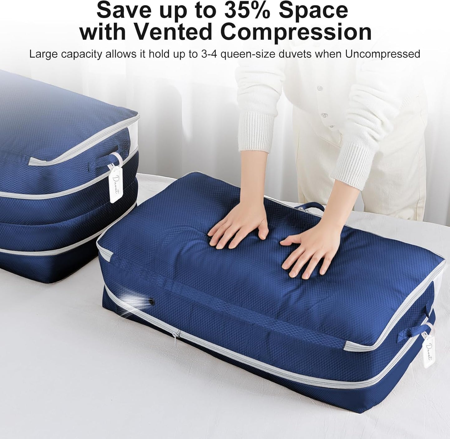 Comforter Storage Bag - Large Capacity Bedding Storage Bags Ultra Space Saving Self Compression Organizer, Washable Compression Bags for Storage Comforter Blanket Duvet, 2-Pack, Navy Blue