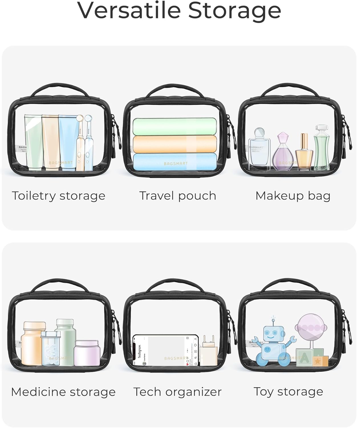 BAGSMART Clear TSA-Approved Toiletry Bag, Large Opening Quart Sized Makeup Bag with Handle, Double Zipper, Clear Cosmetic Organizer for Women