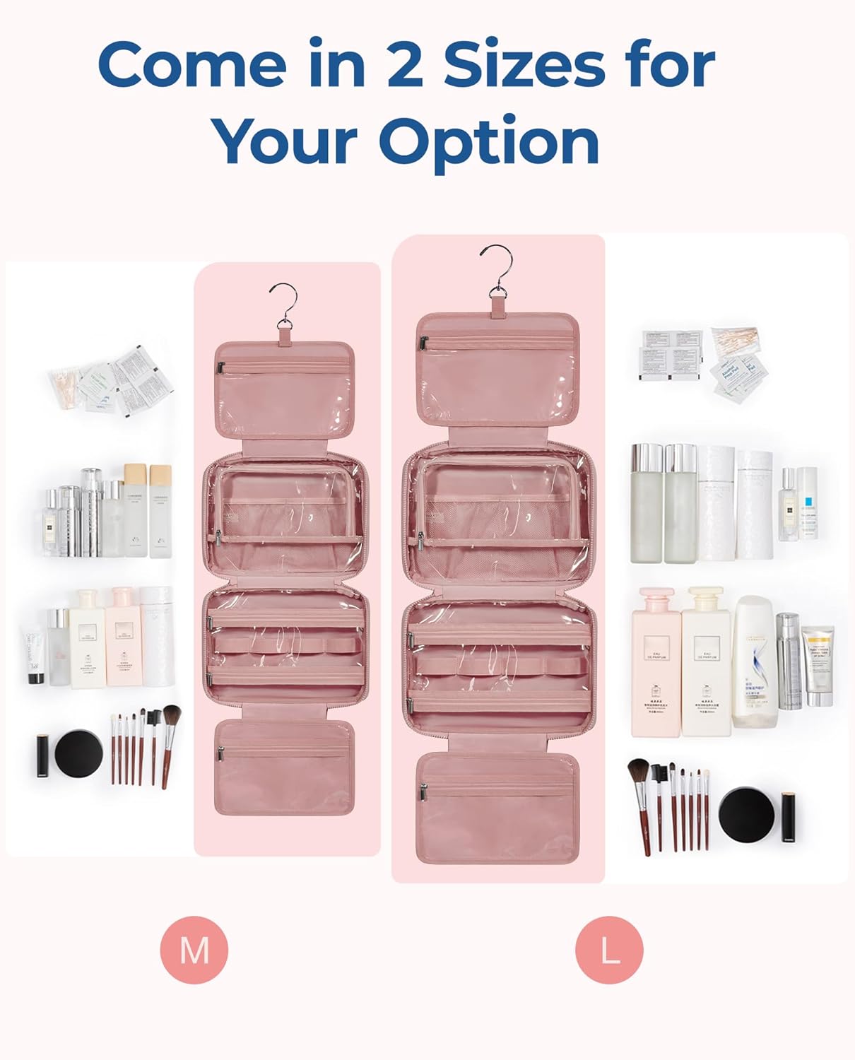 BAGSMART Travel Toiletry Bag with Jewelry Organizer, Hanging Travel Bag for Toiletries, Puffy Makeup Cosmetic Bag Organizer, Carry-on Travel Accessories Essentials, Dark Pink-M