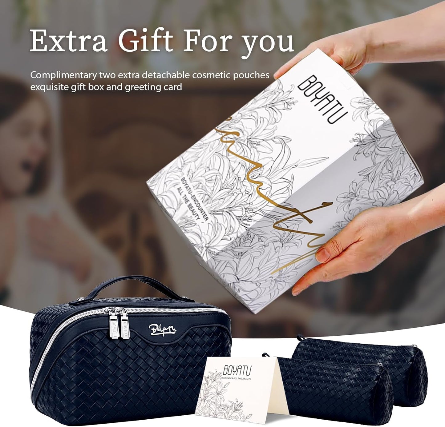 BOYATU Travel Makeup Bags for Women: Large Make up Bag Set of 3 - PU Leather Toiletry Bags - Portable Cosmetic Bag with Divider & Handle (L11 Dark Blue)