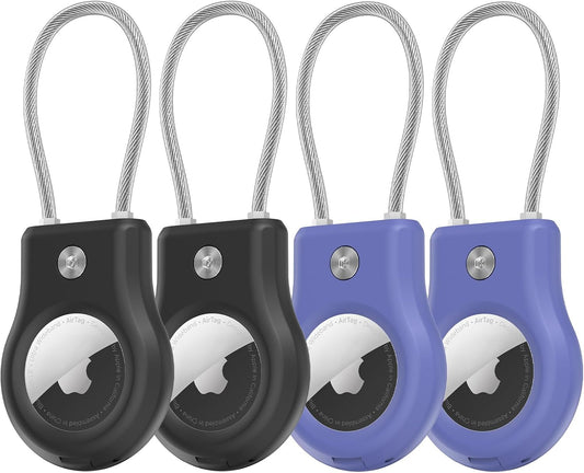 Air tag Holder,(4 Pack) Air Tags Keychain with Secure Lock,Air Tags Case with Wire Cable for Apple Airtag,Anti-Lost Protective Case with Keyring for Luggage, Key, Pet, Bag, Black/Blue