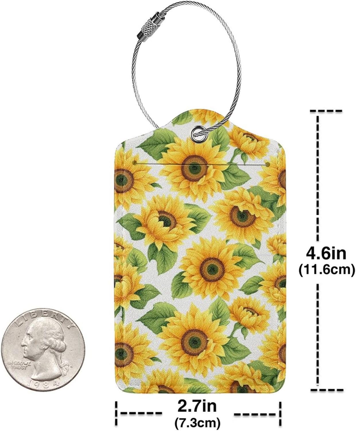 Lovely Sunflower Leather Luggage Tag with Stainless Steel Ring, Fun Name Id Card Cover Travel Bag Tag Set, Suitable for Travel Bag Luggage Women Men 1 PCS