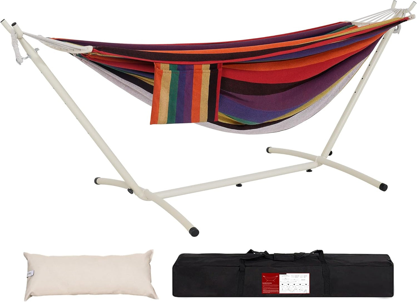 LazyDaze Hammocks Double Hammock with Stand - 2 Person Heavy Duty Outdoor Hammock for Adults, Includes Durable Steel Stand, Portable Carrying Bag and Pillow, Red Purple