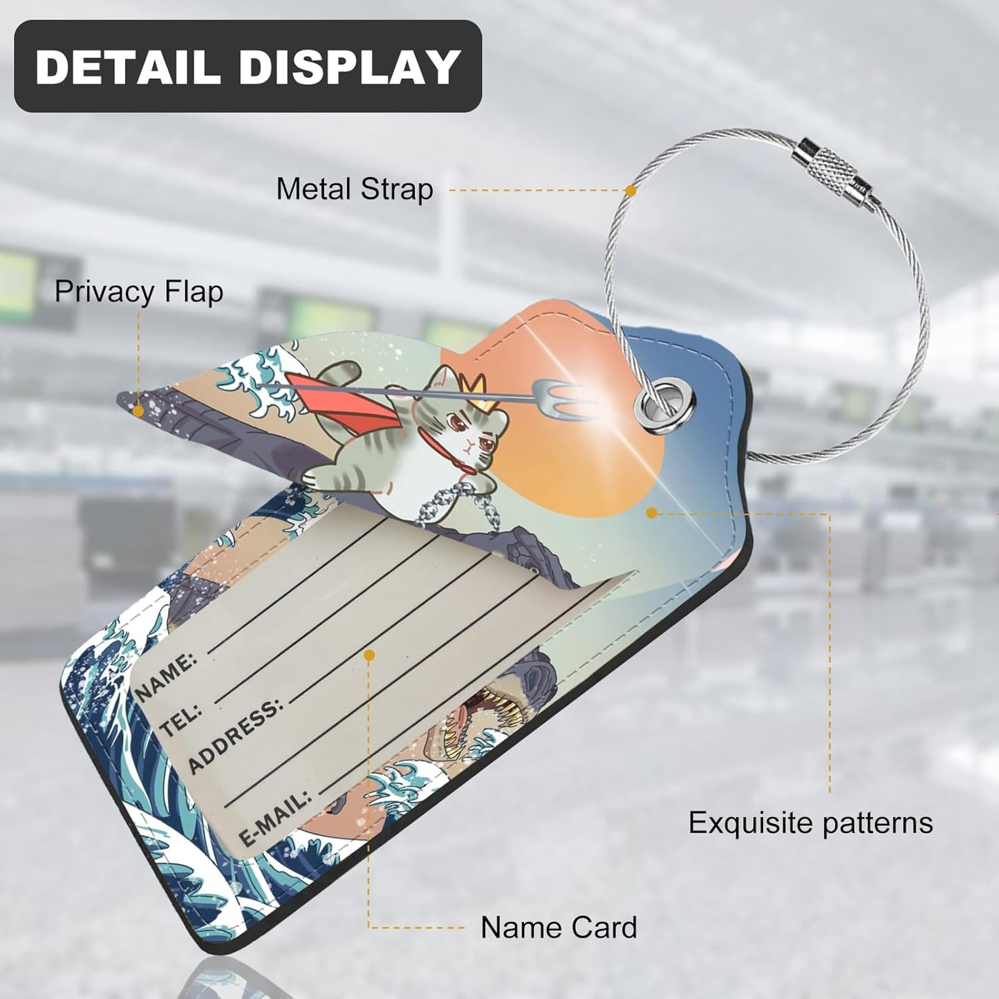 2Pack Luggage Tags for Suitcases, Cute Unique Pu Leather Cruise Luggage Tag with Privacy Cover ID Label Address Card and Metal Ring Suitable for Women Men Kids Travel Bag Dinosaurs and Cats