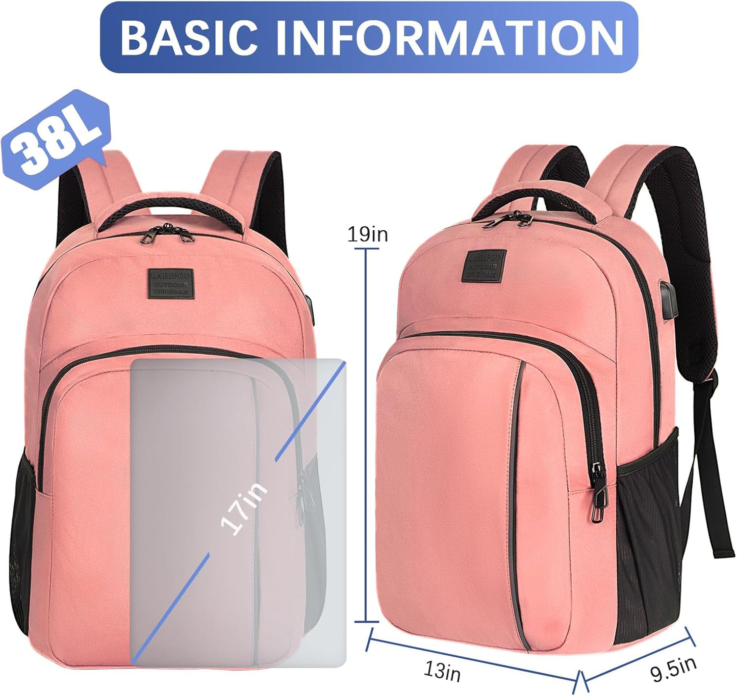 LARIPOP Extra Large Backpack,17.3 Inch Business Laptop backpack for Men Women with USB Charging Port,Water-Resistant Laptopack Weekender Daypack for Work College Computer