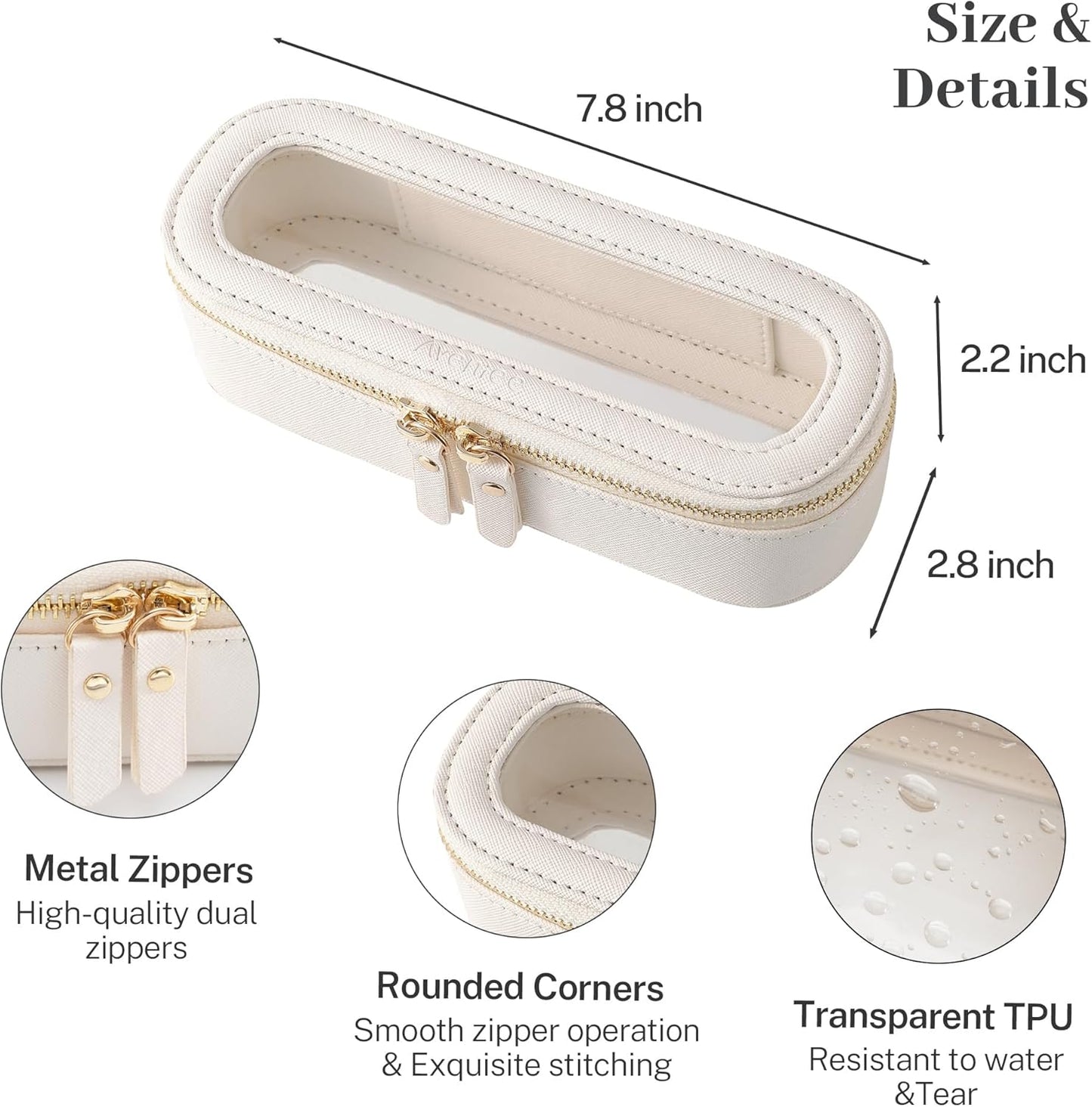 Aveniee Slim Clear Makeup Brush Bag, Small Cosmetic Brush Holder, Mini Toiletry Bag Travel Case for Women, Thin Make up Bags with Dual Zipper, Cute Travel Essentials Bag Organize - White