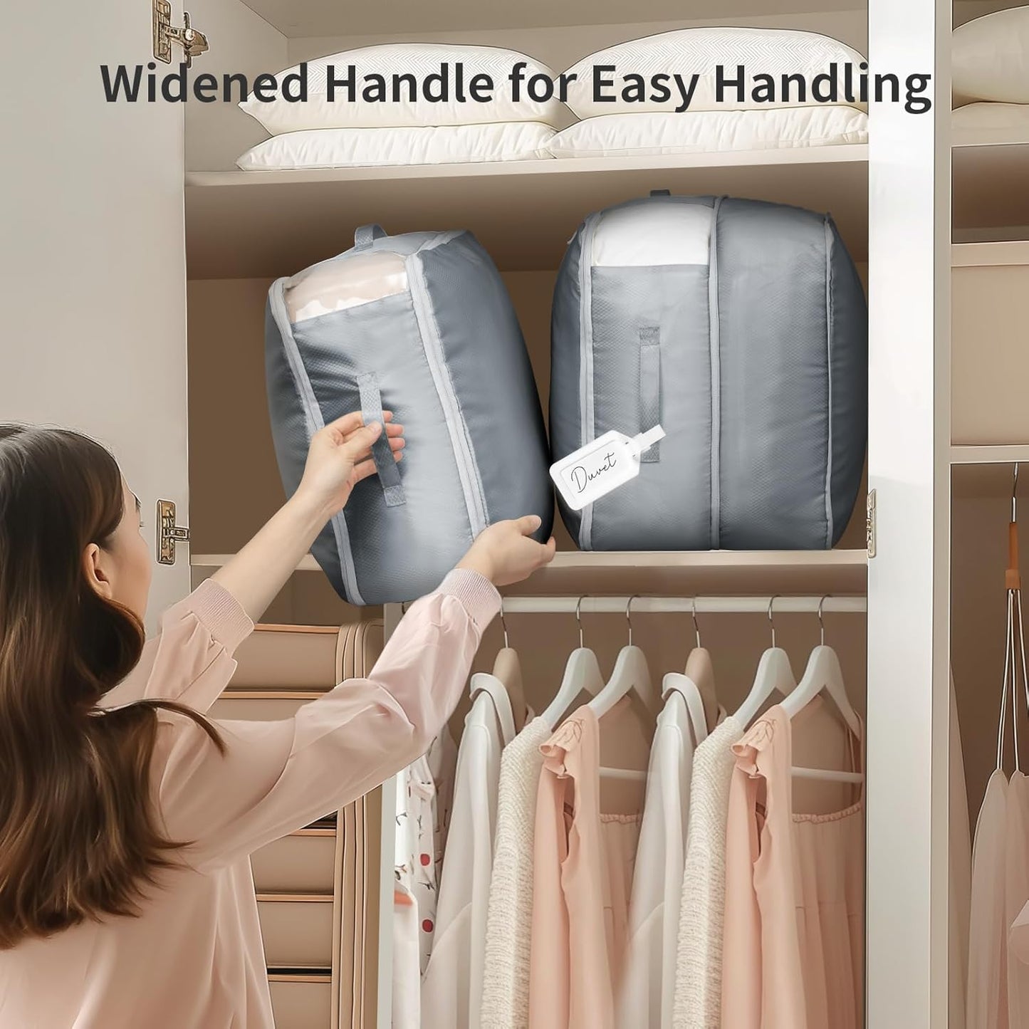 DIMJ Comforter Storage Bag - Large Capacity Ultra Space Saving Self Compression Organize for Duvet, Pillow, Bedding, Blanket Storage Organizer Nylon Compression Bags, Sheet Storage with Zipper, 4 Pack