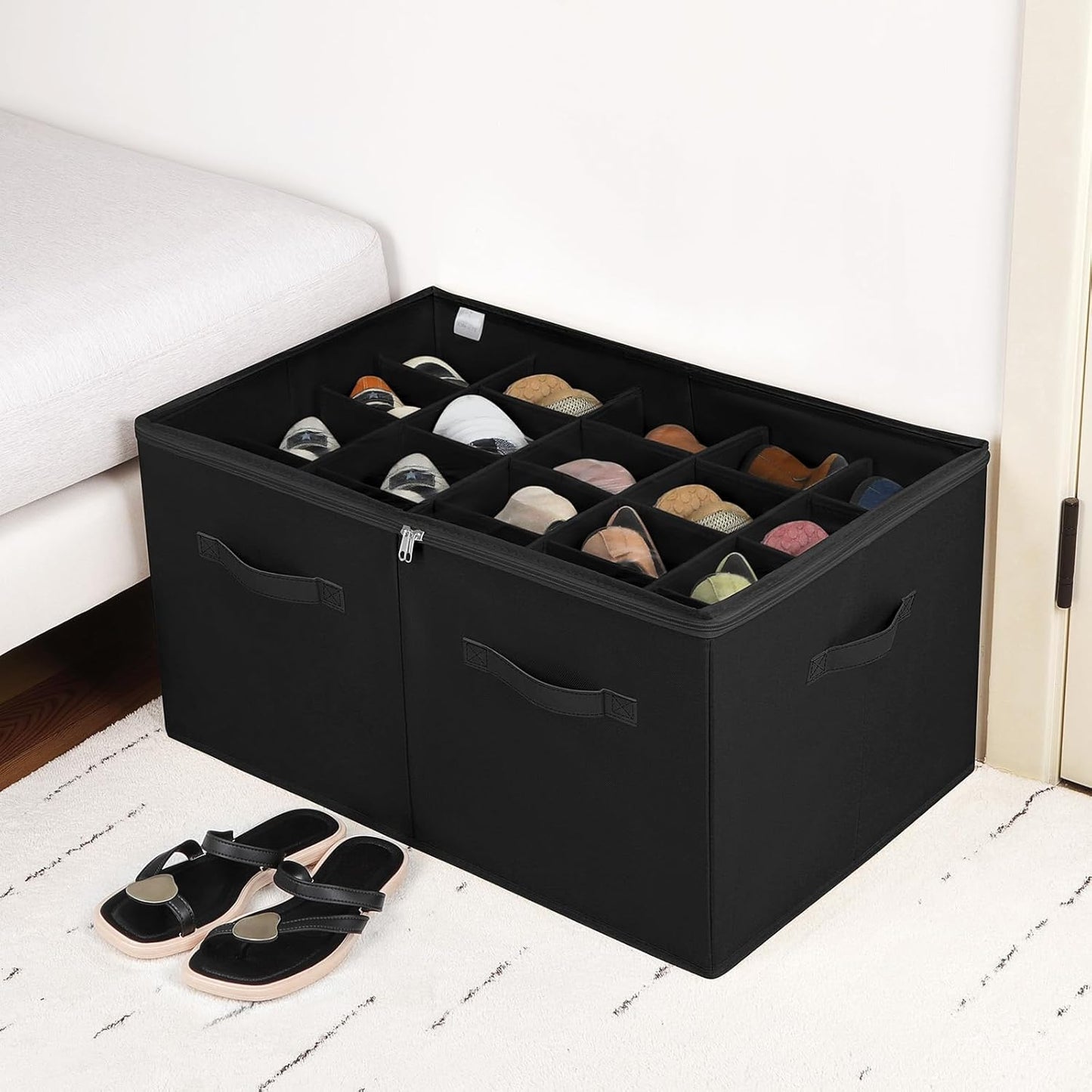 Shoe Organizer for Closet, Foldable Shoe Box with Adjustable Dividers and Clear Cover, Space Saving Shoe Storage Organizer Cabinet with Reinforced Handles, Fits 20 Pairs, Black, TP10B