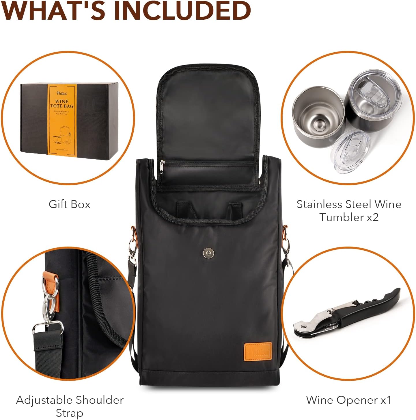 3 Bottle Wine Tote Bag with Wine Tumblers and Wine Opener, Wine Gifts for Women, Portable Wine Carrier Purse with Shoulder Strap for Travel/Picnic/Beach/Pool/Events/Hiking, Black