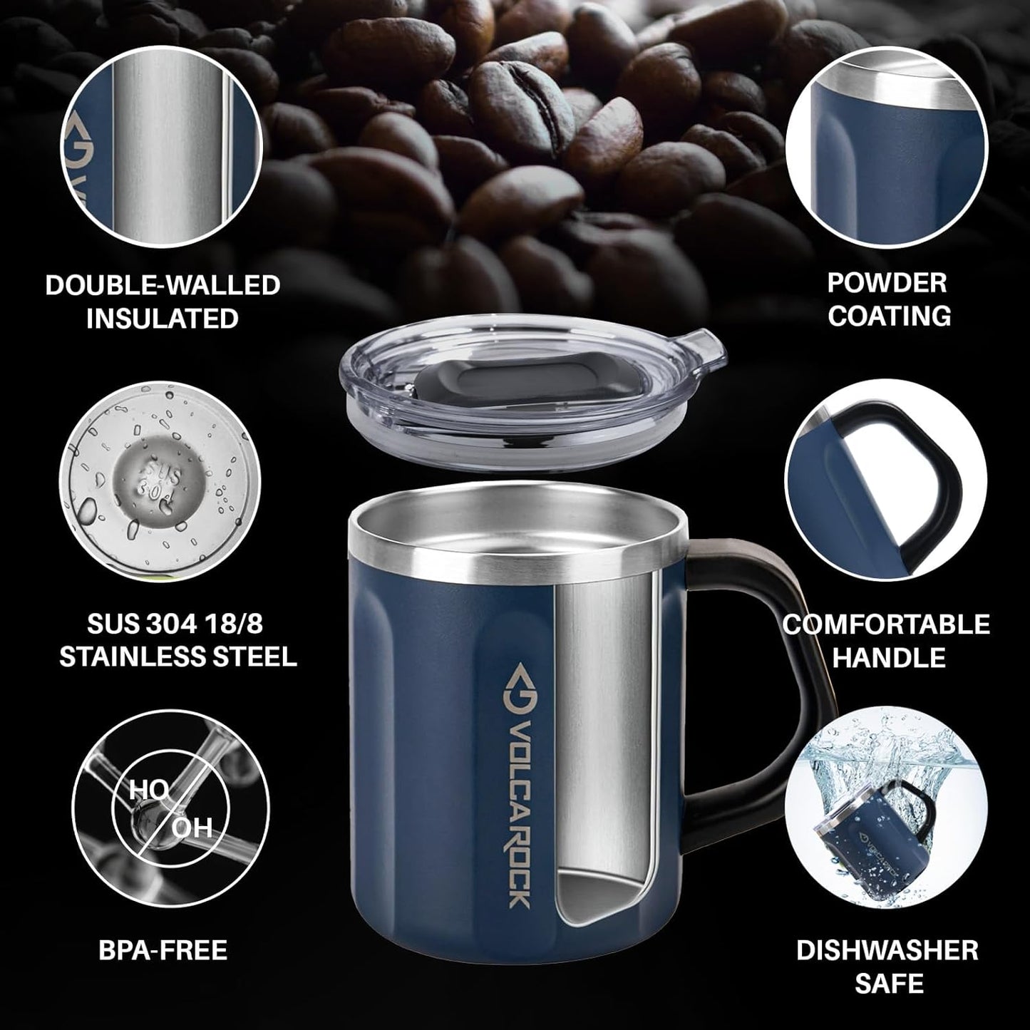 16oz Coffee Mug, Vacuum Insulated Camping Mug with Lid, Double Wall Stainless Steel Travel Tumbler Cup, Coffee Thermos Outdoor, Great for Any Beverage (Navy Blue)