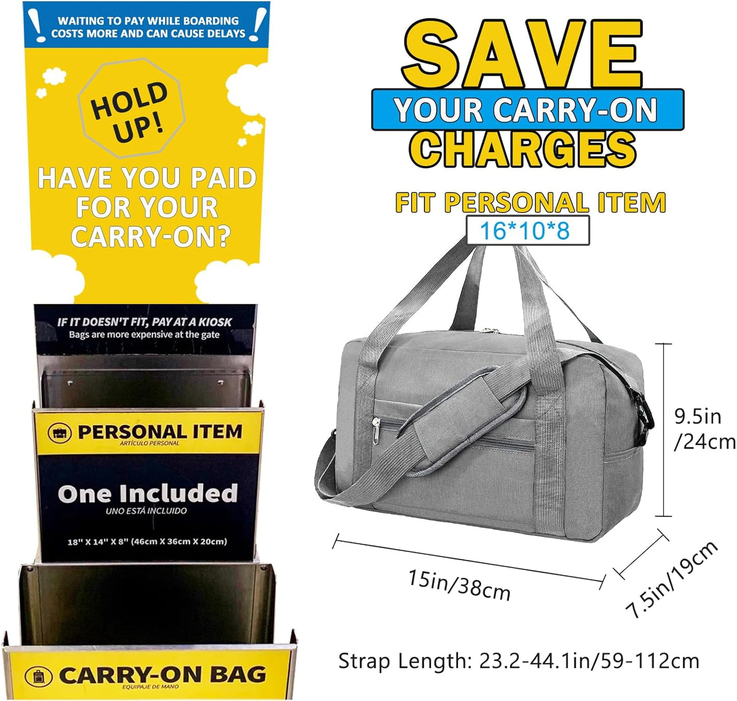 15 Inch Small Carry On Bags for Airplanes Spirit Airlines Personal Item Bag Underseat Foldable Travel Duffle Gym Bags for Women Men(20L, Dark Grey)