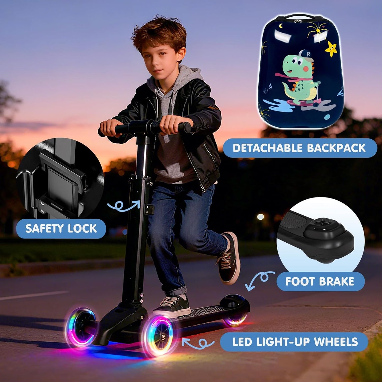 4-in-1 Detachable Scooter Luggage for Kids & Teens – Hardside Ride-On Suitcase with Led Light Up Wheels, Dinosaur Design, Lightweight Foldable, Perfect Travel Gift for Boys(Navy Blue 22-inch)