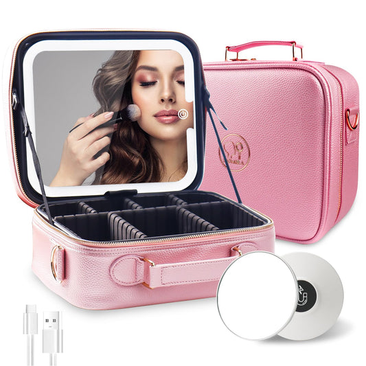 MOMIRA Travel Makeup Bag Cosmetic Bag with Lighted Mirror, Adjustable Brightness in 3 Color Scenarios/Detachable makeup mirror, All-round Upgrade, Waterproof, Gift for Women -Phosphor