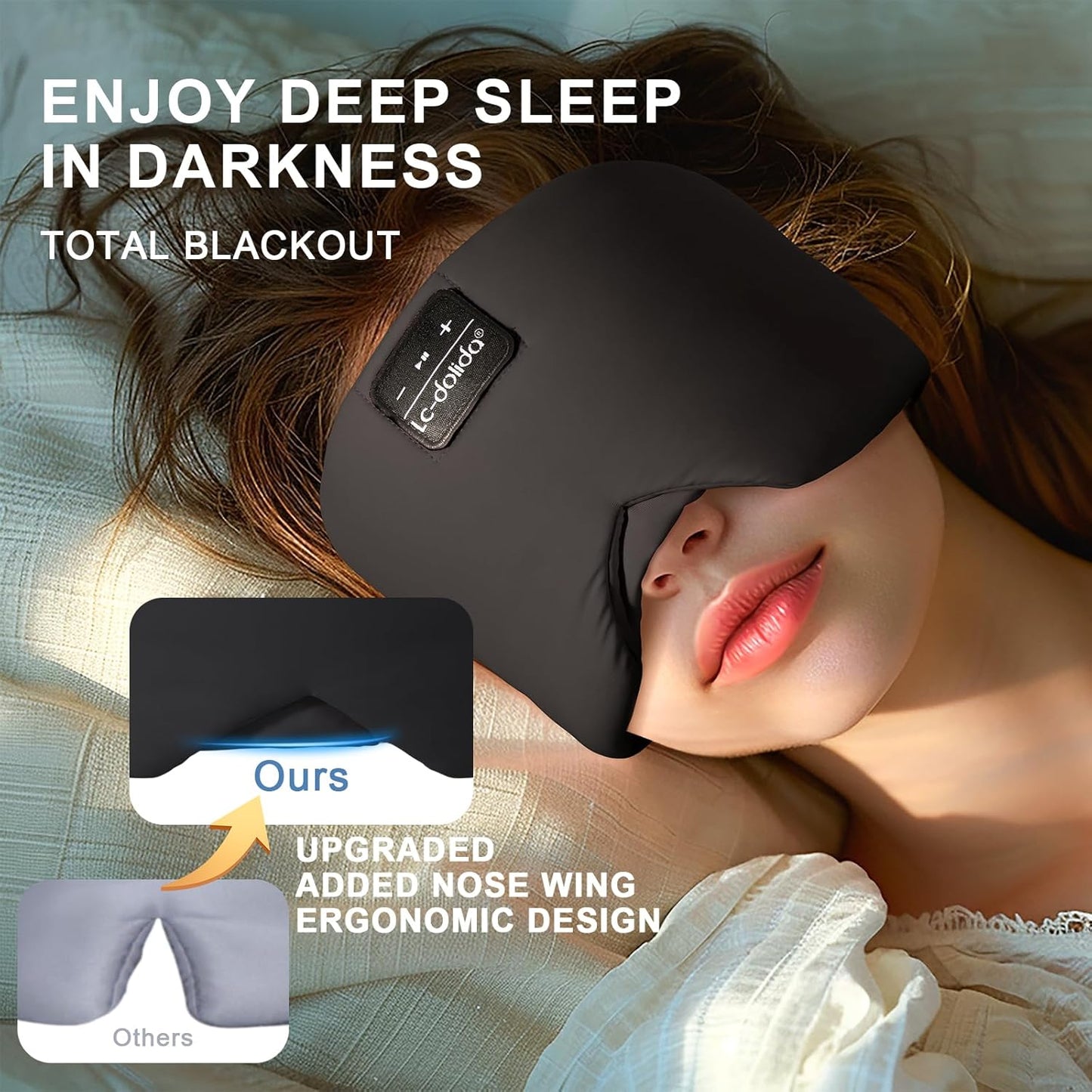 LC-dolida Sleep Mask with Bluetooth Headphones, Ice Silk Sleep Headphones with Bluetooth 5.4, Total Blackout Eye Mask for Sleeping, Soft Sleep Mask for Women Men, All Night Sleep, Travel(Black)