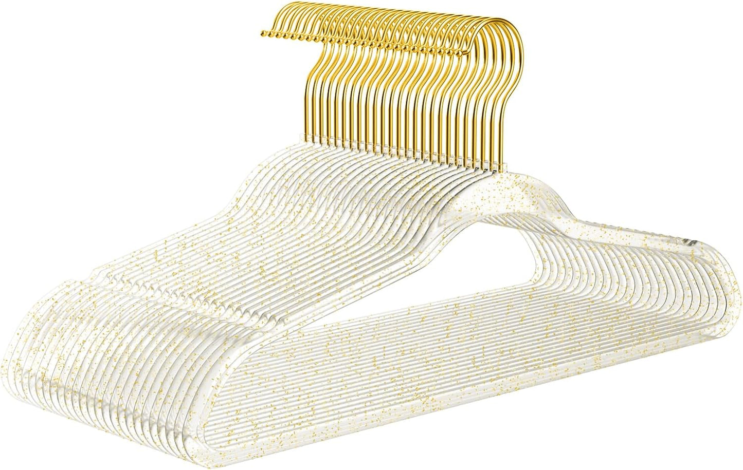 Premium Clear Invisible Acrylic Hangers,Crystal Plastic Hangers with Bling Gold Glitter 20 Pack Ultra Slim & Space Saving Suit Hangers for Coats, Pants & Dress Clothes