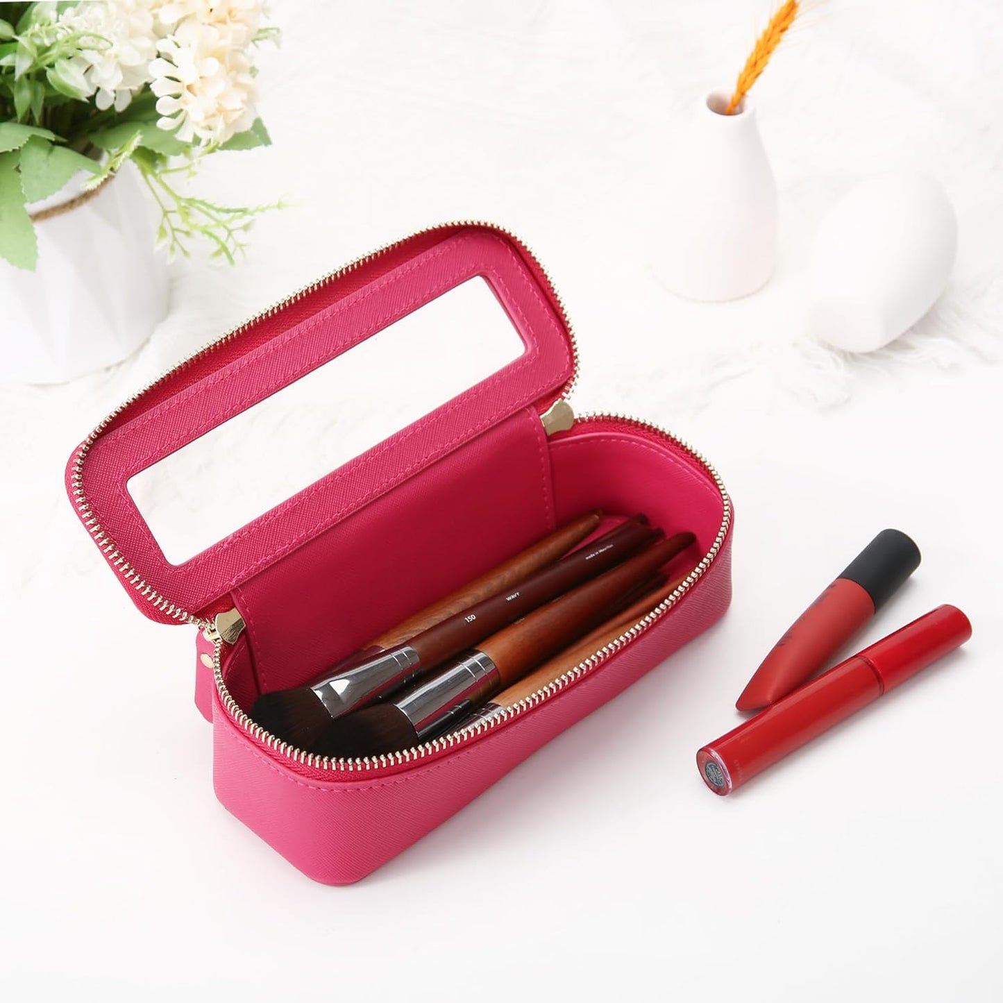 Aveniee Clear Makeup Brush Bag, Slim Brush Holder Cosmetic Case, Small Travel Toiletry Bag for Women, Thin Make up Bags with Dual Zipper, Cute Travel Essentials Srorage Bag,Hotpink