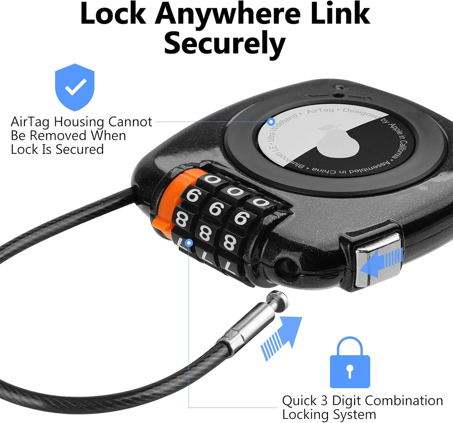 Compatible with Apple AirTag Secure Lock with Wire Cable, 3-Digit Combination Luggage Locks, Alloy Body Ultra Durable Anti-Lost Protective Case for Luggage, Bags, Suitcase, and Backpacks (BLACK)