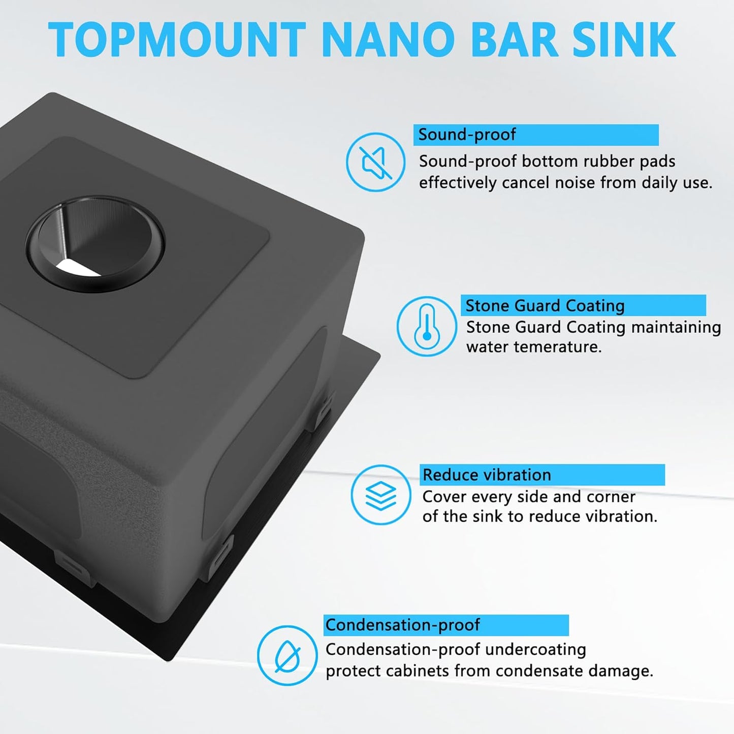 15 x 15 inch Drop in Bar Sink Black, Gunmetal Black Bar Sink 18 Gague Topmount Single Bowl Small Kitchen Sink with Basket Strainer Drain & Bottom Grid