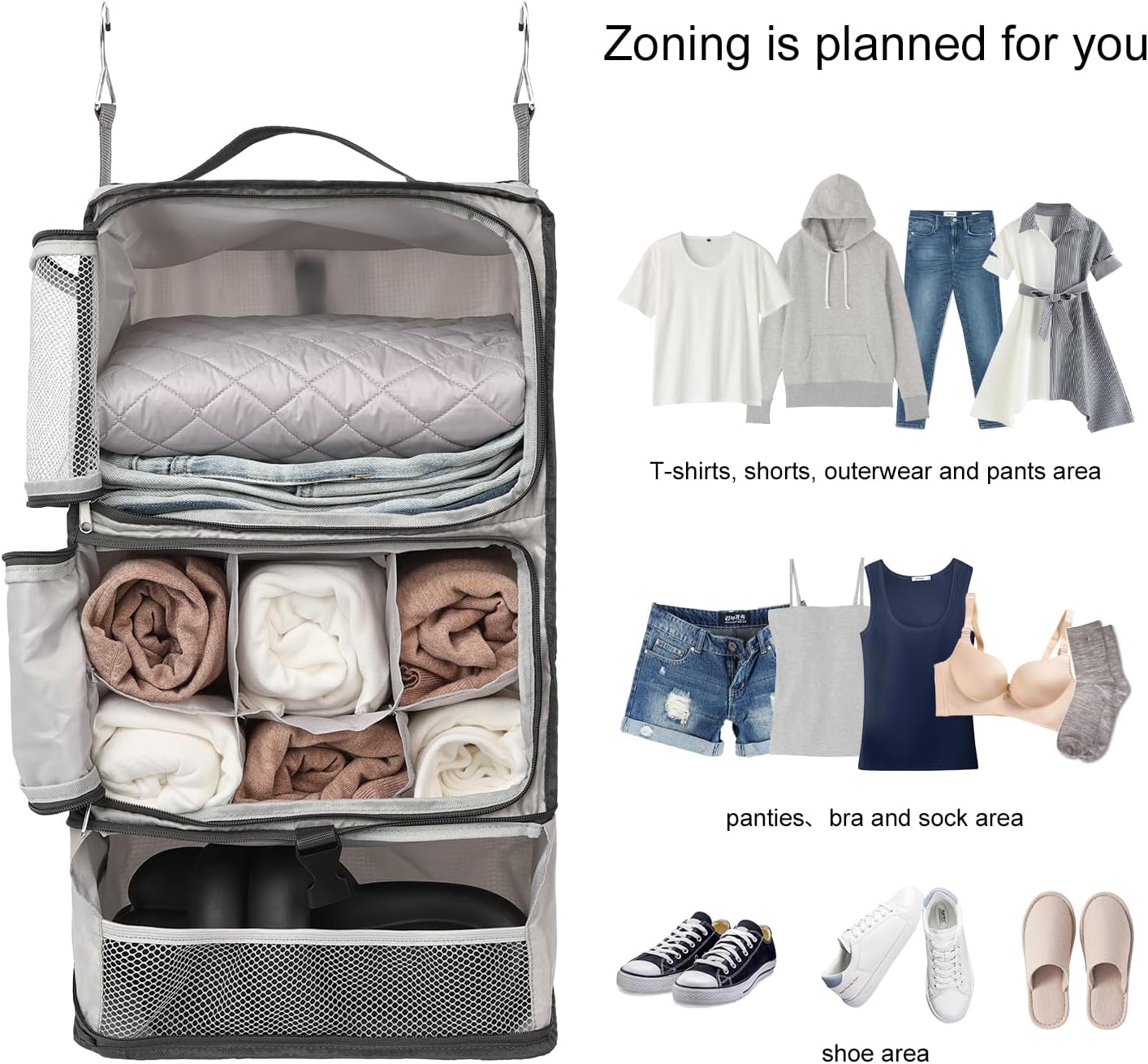 TABITORA Travel Portable Hanging Shelves Closet Organizer Packing Luggage Storage with Multifunctional and Foldable Invisible Compartment,Lightweight, for Suitcase, RV,Closet…lightgrey,XL