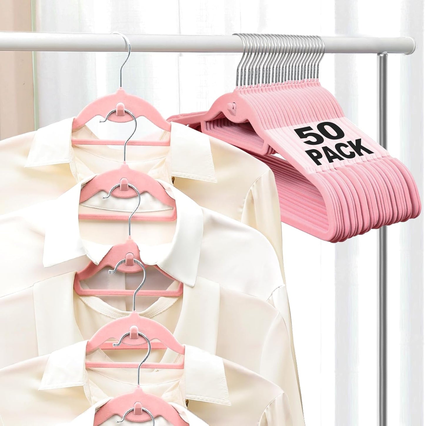 Velvet Felt Stackable Hangers 50 Pack, Non Slip, with 360°Swivel Hook, Ultra Thin and Space Saving for Suits, Shirts, Coats, 15Lbs Capacity Heavy Duty, Pink
