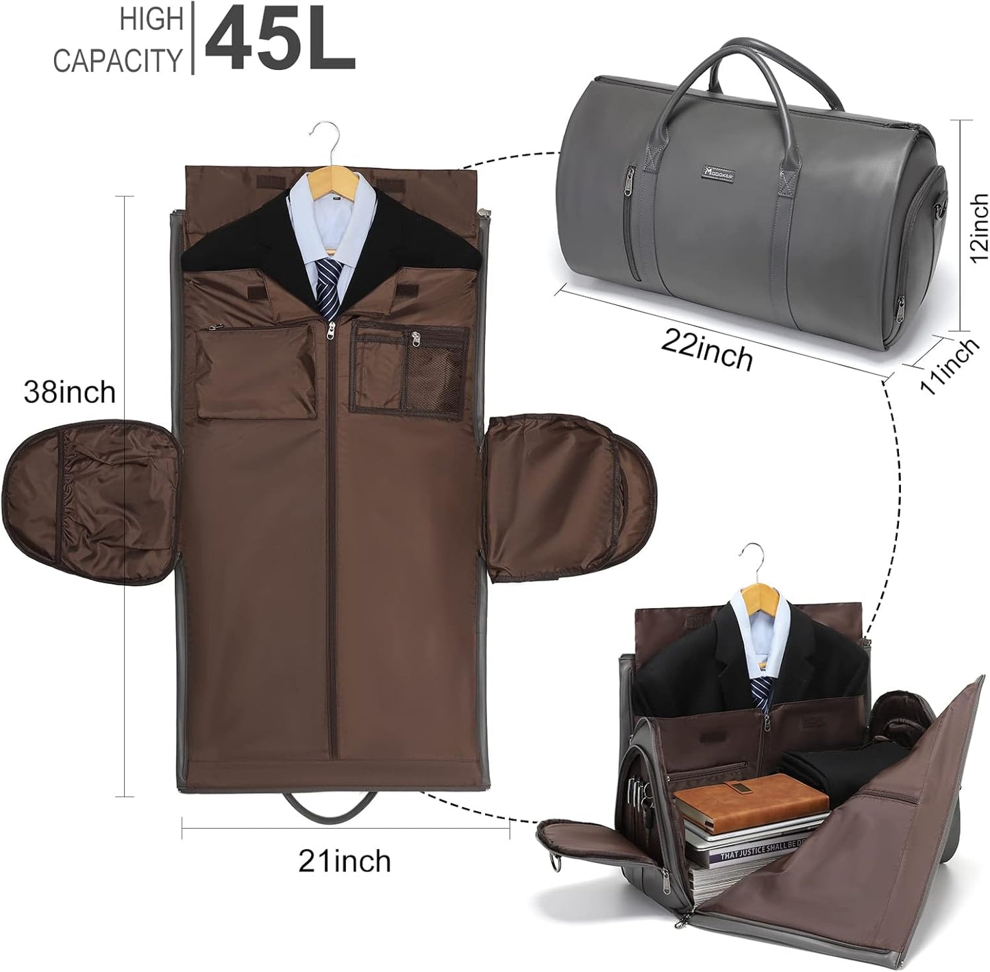 Leather Garment Bag for Travel, Modoker Carry On Suit Carrier Travel Bag with Shoulder Strap - Ideal for Business Trips and Weekend Getaways - The Garment Duffel Bag for Traveling Men Women