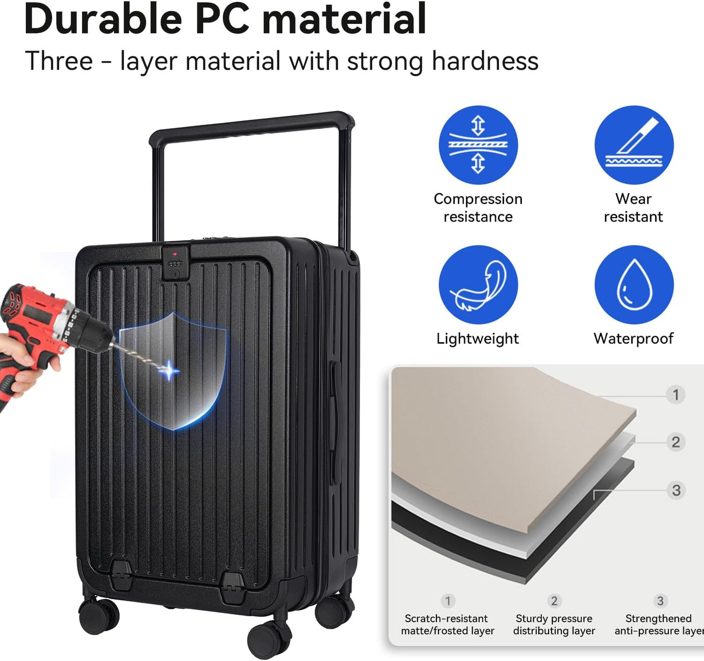 SOKOK Front Pocket Luggage Carry On with Spinner Wheels, Wide Handle Travel Suitcase PC Hardshell Durable Rolling Luggage for Business Trip with Charging Port and Cup Holder, Black