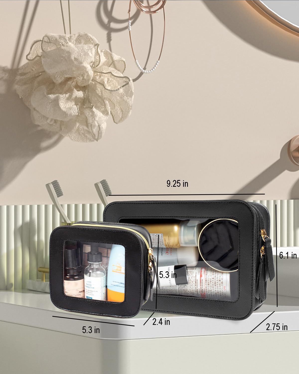 2 Pcs Clear Makup Bag Set, Clear Cosmetic Bags with Zipper Waterproof Small Travel Cosmetic Case Cute Make Up Pouch Mini Car Essentials for Women Travel Car Organizer (Black Set)