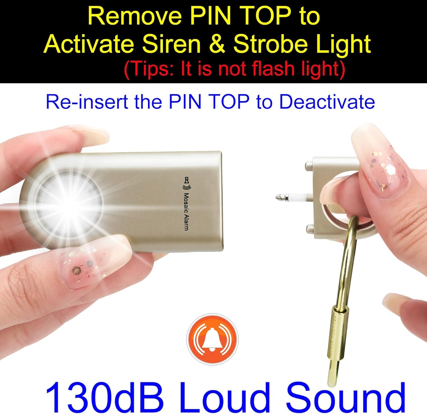 130dB Personal Safety Alarm Strobe Light. Loud Sound Keychain Siren with Carabiner for Women, School Children, Night Runners, Hiking. Bear Alarm Deterrent. SOS Emergency Self Defense Alerts. Gold