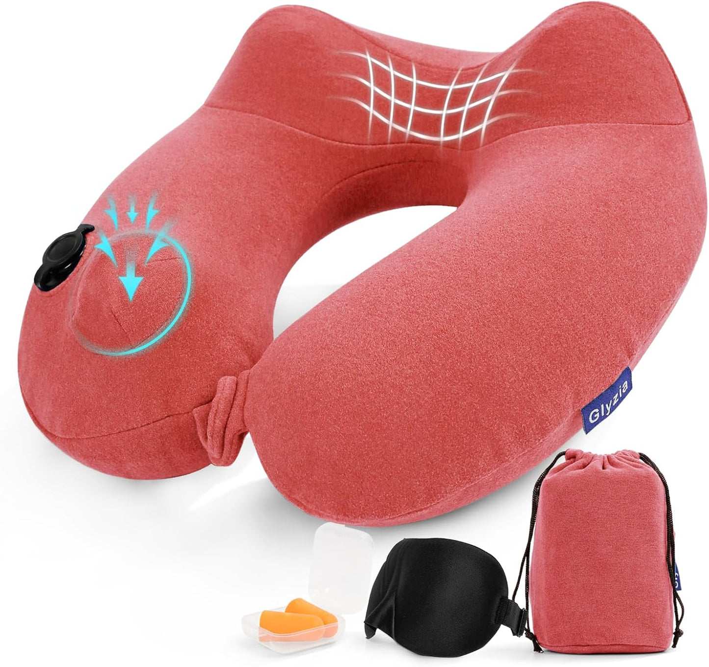 Inflatable Travel Neck Pillow for Airplane, Head Support Velvet Adult Neck Pillow for Long Flight, Kit with Eye Mask, Earplugs and Storage Bag,1, Rose Pink